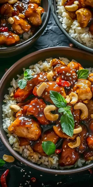 Fábrica de pollo picoso con anacardos en presentación apetitoso