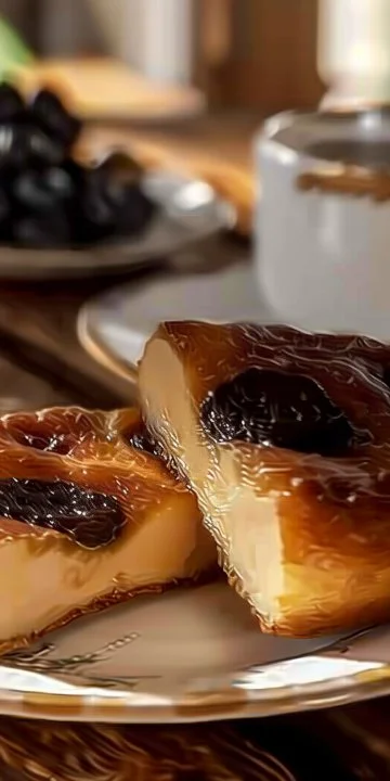 Far Breton delicioso con ciruelas pasas, un postre tradicional bretón