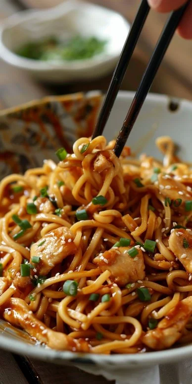 Fideos Pollo Miel Ajo