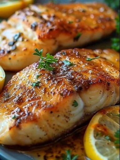 Filete de pescado servido con salsa de mantequilla y limón, un plato exquisito.