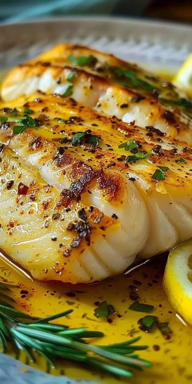Filete de pescado con salsa de mantequilla y limón servido en un plato