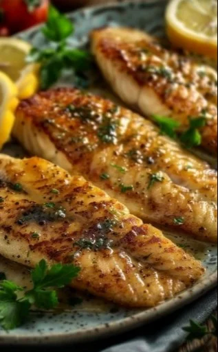 Filete de pescado con salsa de mostaza en un plato decorativo