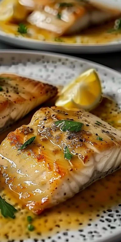 Filete de pescado con salsa de mostaza y limón servido en un plato