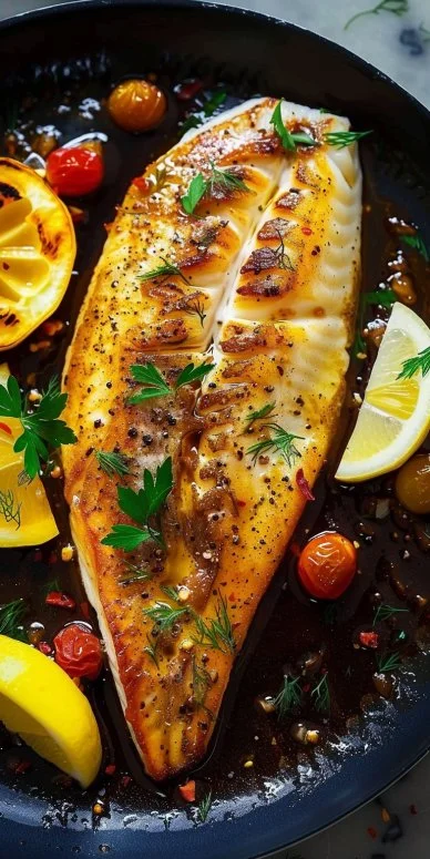 Filete de tilapia dorada sellado con mantequilla derretida en un plato