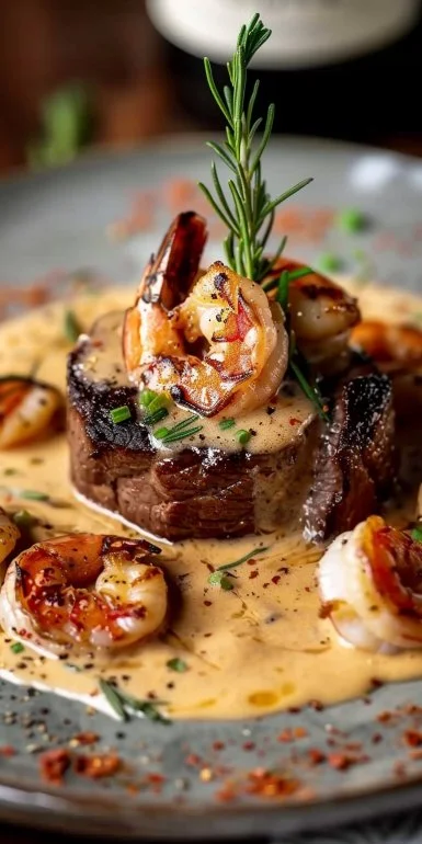 Filete mignon con camarones y salsa de crema de langosta en un plato gourmet.