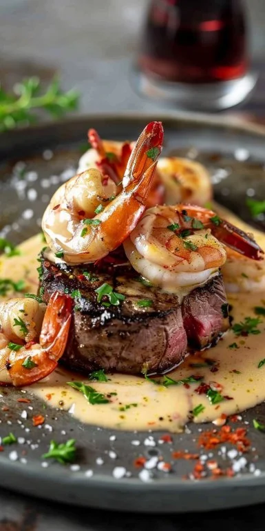 Filete Mignon con Camarones y Salsa de Crema de Langosta