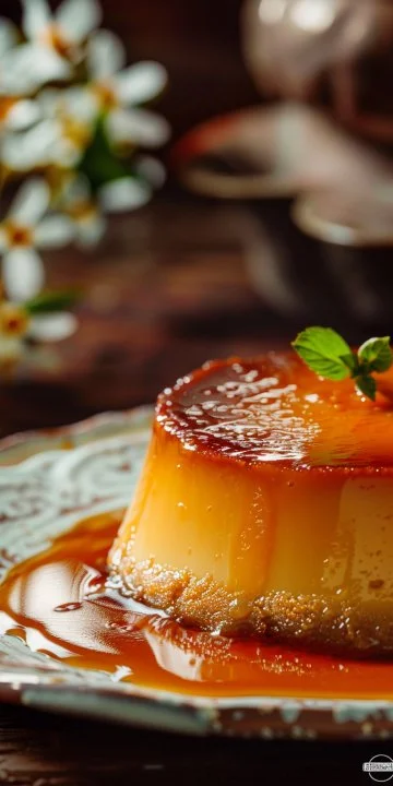 Flan de coco con caramelo decorado en un plato