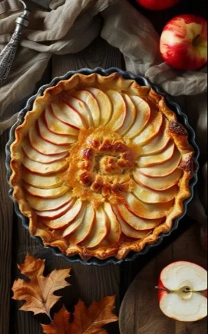 Flan de manzana delicioso en un plato decorado.