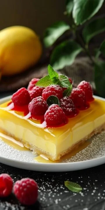 Flan Pastelero de Limón y Frambuesas decorado con frambuesas frescas.