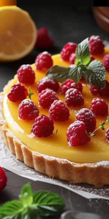 Flan Pastelero de Limón y Frambuesas delicioso y decorado con frutas