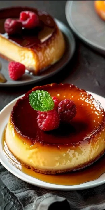 Flan pâtissier casero exquisito decorado con frutas frescas
