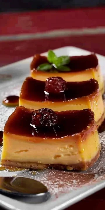 Delicioso Flan Sablé servido en un plato blanco con decoración de frutas frescas.