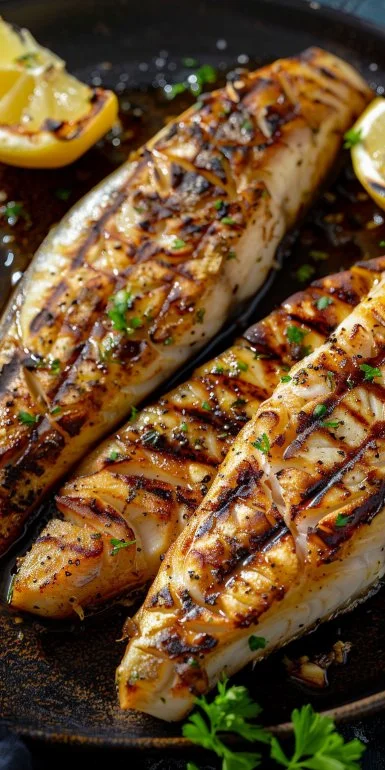 Grilled Fish with Lemon and Garlic Sauce