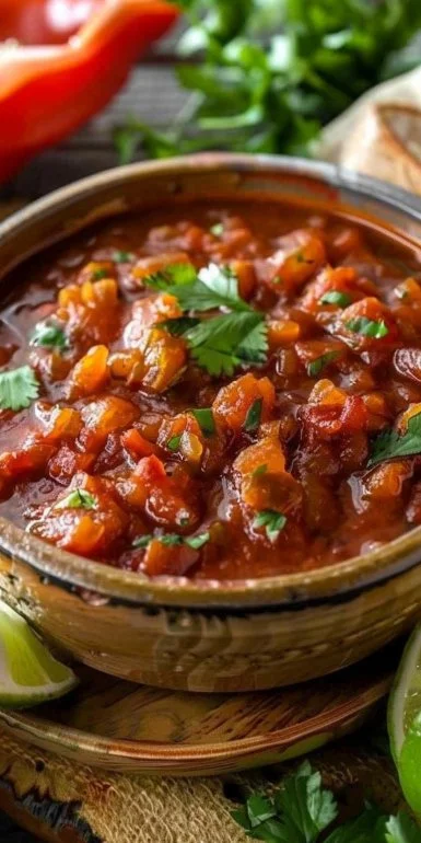 Bowl of homemade spicy salsa with fresh ingredients and vibrant colors
