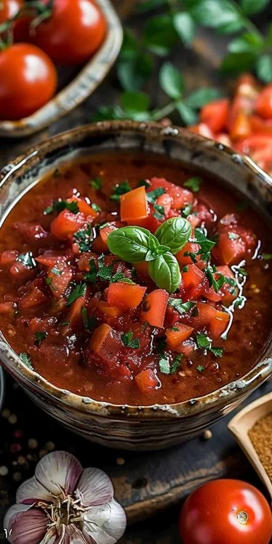 A bowl of homemade tomato sauce with fresh tomatoes and herbs