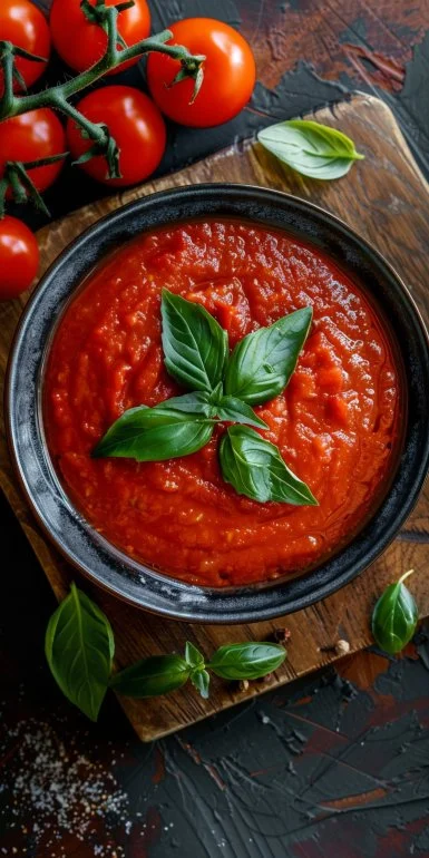 Homemade tomato sauce simmering in a pot with fresh ingredients