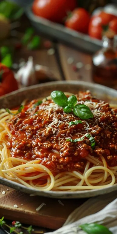 Delicious plate of spaghetti salsa garnished with fresh herbs and vegetables