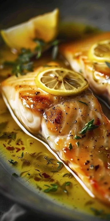 Delicious lemon sauce drizzled over grilled fish dish