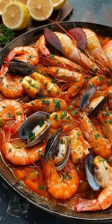 Deliciosa Mariscada Perfecta con mariscos frescos y coloridos platos.