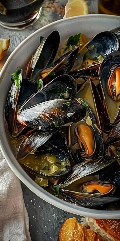 Mejillones a la marinera servidos con vino albariño en un plato atractivo