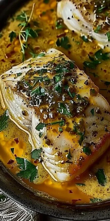 Merluza con salsa de mostaza y limón en un plato gourmet