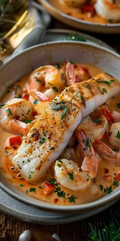 Plato de Merluza en Salsa de Gambas, ideal para Navidad