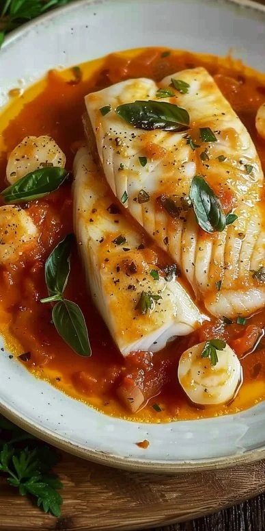 Plato de merluza en salsa marinera servido en un plato elegante.