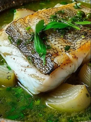 Plato de merluza en salsa verde acompañado de guarnición fresca