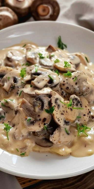 Creamy mushroom sauce served over pasta, showcasing a rich mixture of flavors.