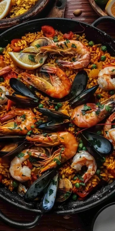 Deliciosa Paella de Mariscos Española servida con mariscos frescos y coloridos