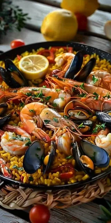 Plato de Paëlla Mariscos Festiva con ingredientes frescos y sabrosos.