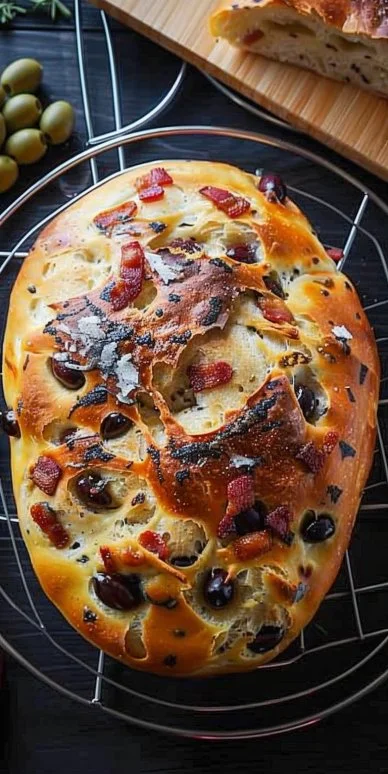 Rebanadas de pan casero con aceitunas, tocino y queso