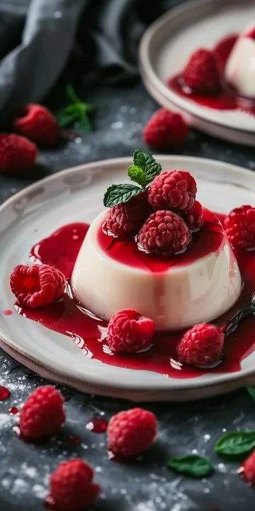 Panna Cotta de Frambuesa, un postre cremoso decorado con frambuesas frescas.