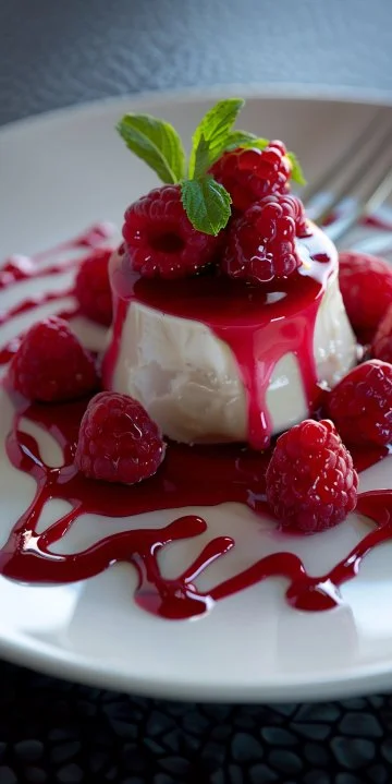 Panna Cotta de Frambuesa y Vainilla decorada con frutas frescas