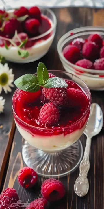 Panna Cotta Frambuesa Vainilla servida en un plato elegante