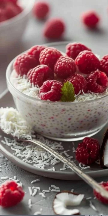 Perlas de Japón con Coco y Frambuesas en un plato atractivo