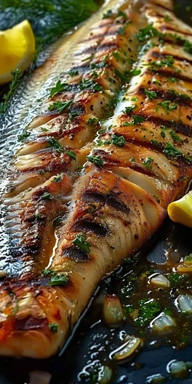 Pescado a la parrilla con salsa de limón y ajo fresco servido en un plato