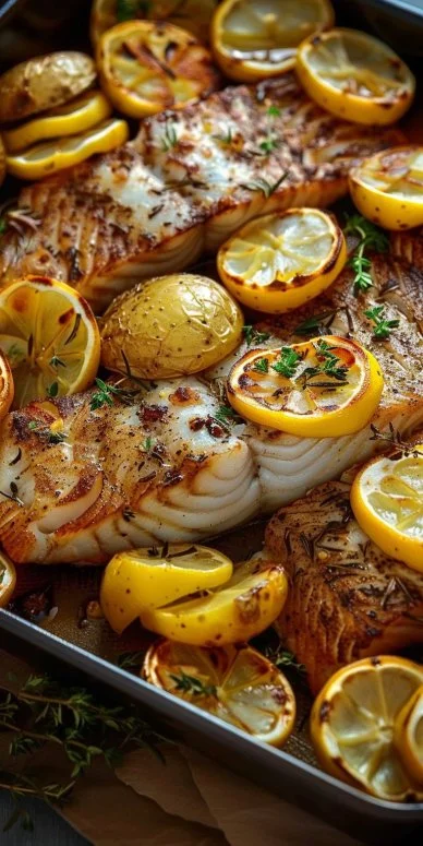 Plato de pescado al horno con patatas servido en una mesa