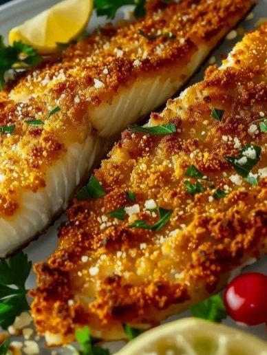 Pescado al horno con queso parmesano crujiente, plato delicioso y fácil de preparar.
