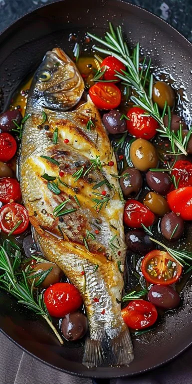 Pescado al Horno con Tomates Cherry y Aceitunas