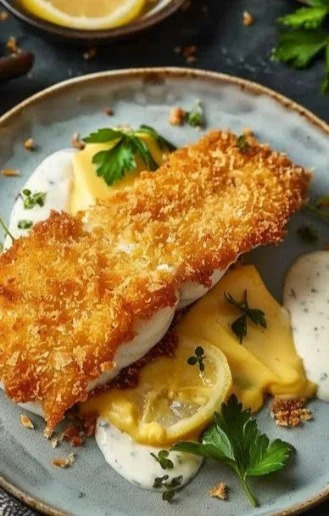 Pescado al horno crujiente con mayonesa y panko preparado en una bandeja.