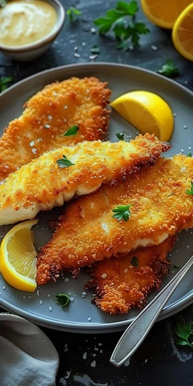 Pescado empanado crujiente servido con salsa de limón y ajo