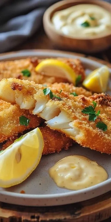 Pescado empanado con salsa de limón y ajo