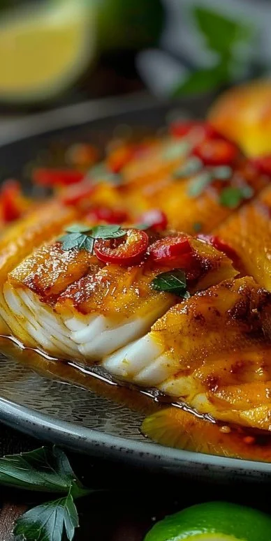 Pescado empapelado con salsa de habanero servido en un plato colorido