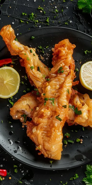 Pescado en tempura crujiente y dorado, servido con salsa de soja.