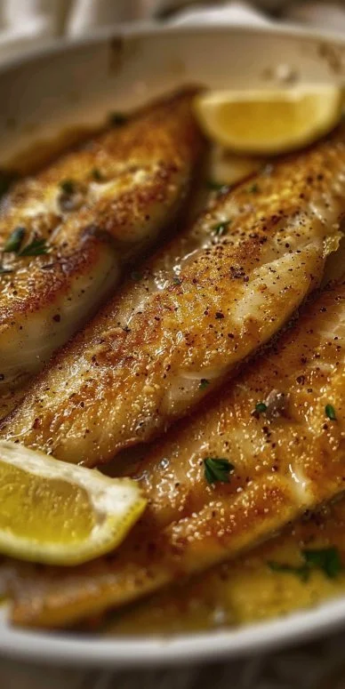 Pescado frito en sartén con salsa de limón y mantequilla