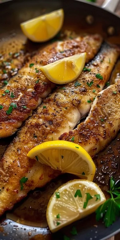 Pescado frito en sartén con salsa de limón y mantequilla