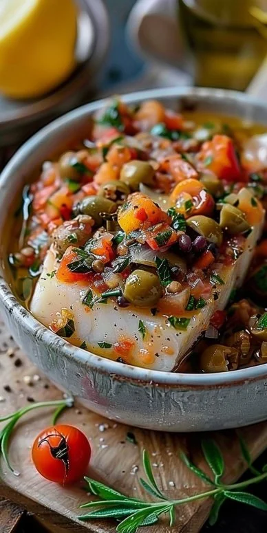 Delicioso pescado tapenade Mediterráneo servido en un plato elegante