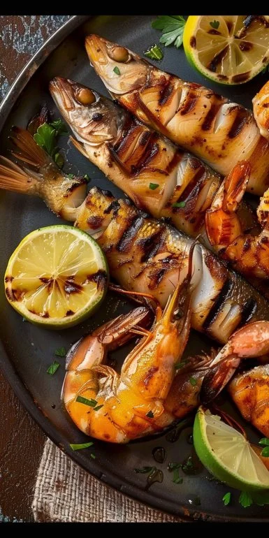 Plato de pescado y camarones zarandeados estilo casero con guarniciones