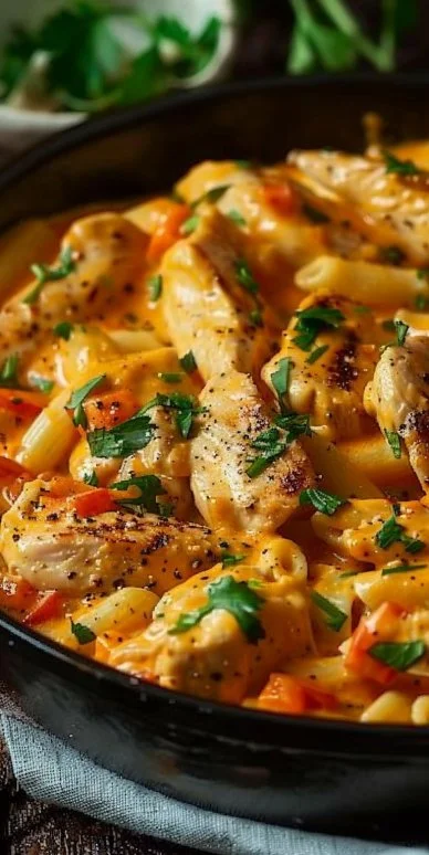 Plato de Picante Alfredo Cajún Pollo con salsa cremosa y especias picantes.